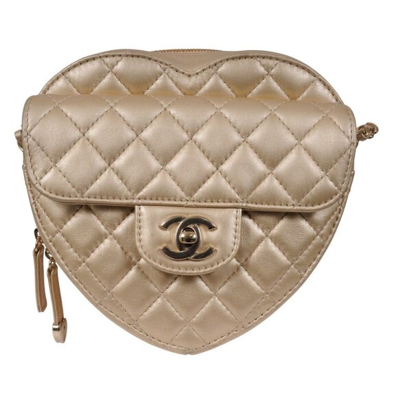 Chanel Womens Gold Metallic Lambskin Quilted CC Logo Large Heart Crossbody Bag - Picture 1 of 12
